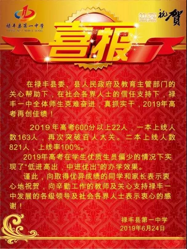 禄丰一中2019年高考喜报